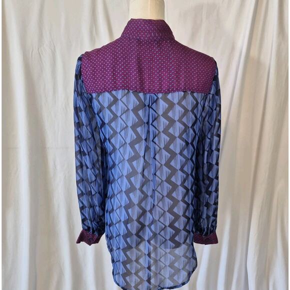 Hale Bob Womens 100% Silk Blue Purple Geometric Sheer Blouse Top Small - Picture 6 of 8